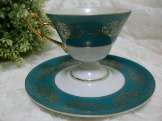 Royal Halsey L&M Pedistal Green Rose Gold Tea Cup Saucer Set Iridescent Luster 2