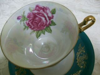 Royal Halsey L&M Pedistal Green Rose Gold Tea Cup Saucer Set Iridescent Luster 3
