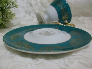 Royal Halsey L&M Pedistal Green Rose Gold Tea Cup Saucer Set Iridescent Luster 4