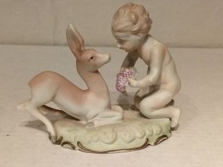 Antique Occupied Japan Bisque Porcelain Nude Cherub Feeding Grapes Deer Figurine