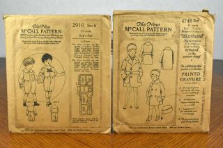 Vtg Antique 1920s Children Kids Boy Mccall Patterns 2910 And 4748 Size 6