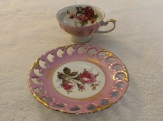 Antique Lm Royal Halsey Very Fine Tea Cup & Saucer Reticulated Saucer Gold Trim