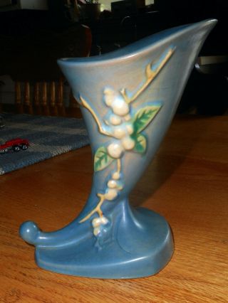 Antique Roseville Pottery Cornucopia Vase Blue Snowberry 1cc - 6 "