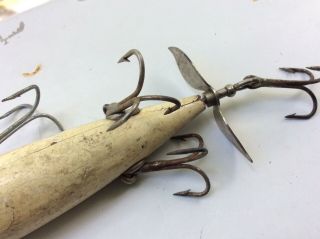 Vintage Crackle Back Wood Fishing Lure w/ 5 Hooks Glass Eyes 4