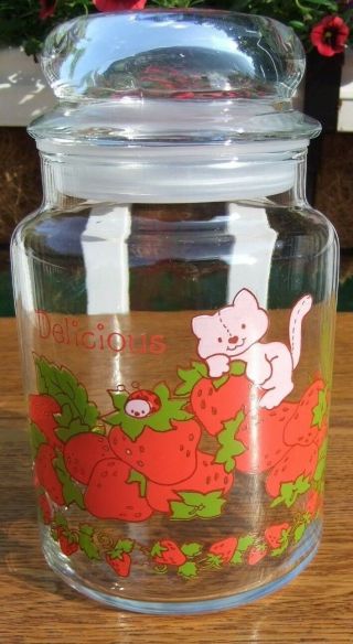 Vtg Strawberry Shortcake Ah Glass 7 " Candy Canister Jar W/ Lid Custard Cat 1980