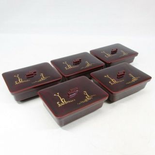 A348 Japanese Lacquer Ware Five Square Covered Bowls With Good Makie