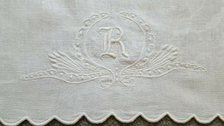 Antique Vtg Linen Damask Towel Monogram Initial Letter R Hand Embroidered Roses