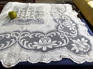 Antique Italian Hand Knotted Net Filet Lace Tablecloth 48 " Sq Topper Water Lilies