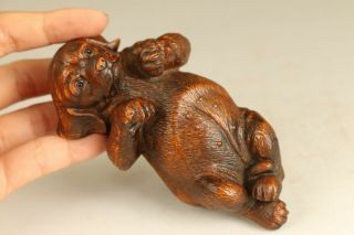 Lovely Gift Old Boxwood Hand Carved Dog Netsuke Collectable Statue Ornament