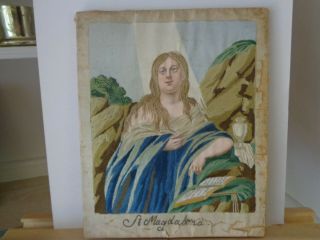 Antique Religious Needlework Embroidery On Silk Of Saint Magdalena Circa 1800