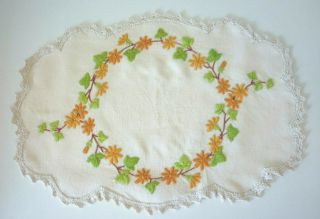 Linen Hand Embroidered Hand Crochet Edge Doily Flowers Sz 42 X 29 Cm