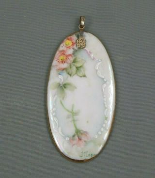 Antique Victorian Hand Painted Porcelain Flower Pendant Oval Artist Signed