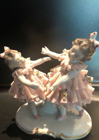 Sitzendorf Germany Dresden Lace " Two Girls Dancing " Figurine