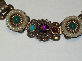 Vintage Selini Antique Goldtone Colorful Rhinestone and Cabochon Bracelet 5