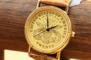 United States Of America Twenty Dollar Gold Coin Dial Wrist Watch Vintage