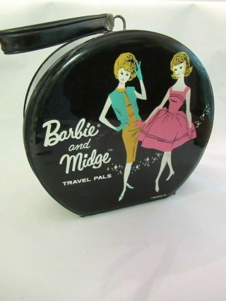 Vintage Mattel Barbie And Midge Travel Pals Zippered Round Case Vinyl Black 1963