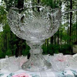 Eapg Antique Patterned Glass Pedestal Punch Bowl,  12 Cups & Ladle