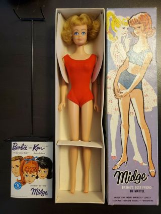 1963 Blonde Midge Doll With Stand & Box / Vintage Barbie Doll Best Friend
