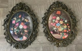 2 - Large Vtg Ornate Metal Brass Made In Italy Oval Picture Frame W/ Convex Glass