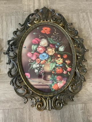 2 - Large Vtg Ornate Metal Brass Made in Italy Oval Picture Frame w/ Convex Glass 3