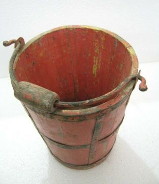 Antique Old Wooden Pail / Bucket.  Red Paint