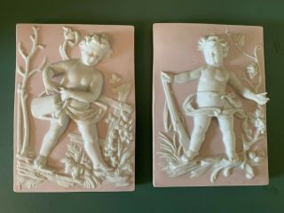 Vintage Bisque Cherub Wall Plaques (set Of 2) White/pink By Arnart Japan