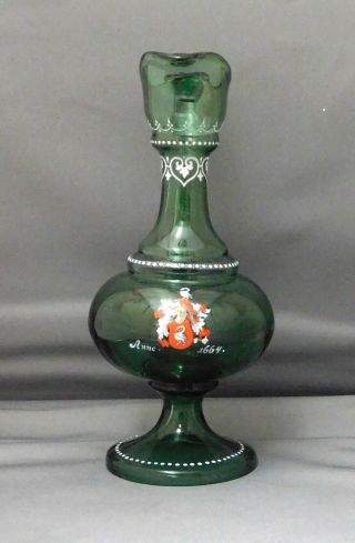Antique Egermann Glass Ewer Or Decanter Hand Blown Enameled Coat Of Arms Cr 1880