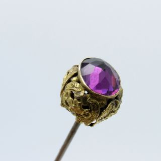 Antique Hatpin Bright Purple With Brass Mounting Hat Pin