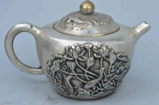 China Collectable Handwork Old Miao Silver Carve Goldfish & Lotus Noble Tea Pot