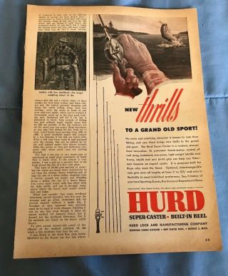 1947 Hurd - Caster Reel Vintage Fishing Ad " Thrills.  "