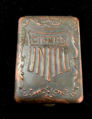 Antique Copper United Cigars Match Safe Dated July 23 1912