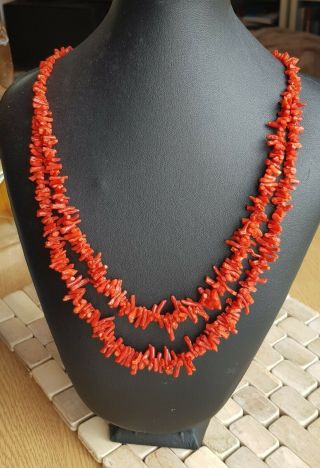 Antique/vintage Ox Blood Red Coral Double Strand Branch Necklace 20in