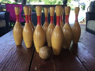 Vintage Wood Bowling Pins With Ball