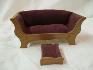 Vintage Wooden Doll House Furniture Couch Footstool Velvet Covered