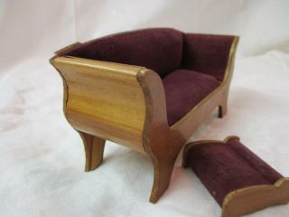 Vintage wooden Doll House Furniture Couch Footstool Velvet covered 2
