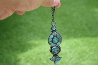 Antique Chinese Silver Metal Turquoise Stone Hardstone Buckle Hanging Ornament