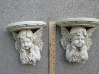 Angel Cherub Wall Sconce Shelf Set Of 2 Antique White Molded Resin Roses