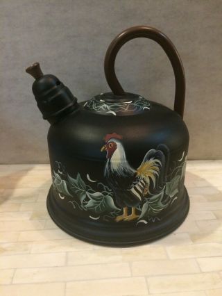 Vintage Antique Copper Water Tea Kettle Teapot Enamel Painted With Rooster Scene