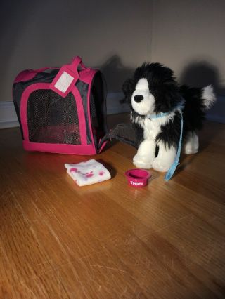 American Girl Doll Border Collie Dog,  Dog Carrier,  Dog Blanket And Dog Bowl