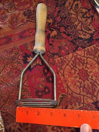 Antique Potato Masher,  Wooden Handle,  Slotted Metal Head,  Dated 7 - 3 - 1917,  Good. 2