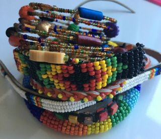 Seven East African Tribal Art Masai Bead Work Bangles Leather Bracelets