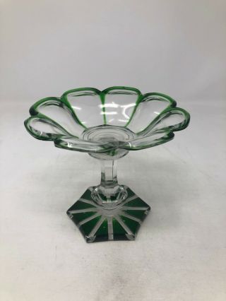 Boston Sandwich / England? Antique Green Panel Cut Clear Compote 4 5/8 "