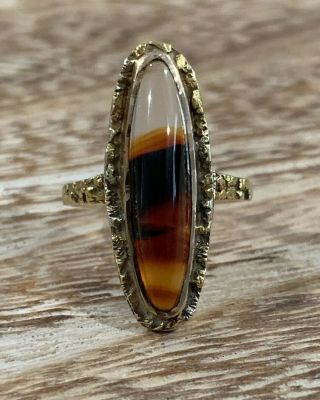 Antique Victorian 10k Gold Striped Agate Sz.  4.  5 Ring Solid Gold Nugget Details