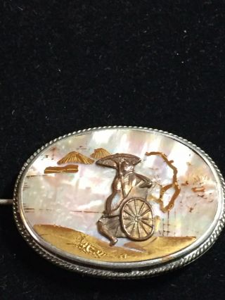 Antique Chinese Silver Shell Mother Of Pearl Gilt Cameo Brooch Pin From Estate 3