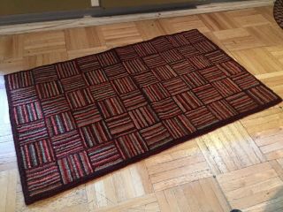 Late 19th To Early 20th Century Hooked Rug W Multi Color Stripe Block Pattern