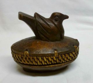 Vintage Hand Made & Hand Carved Oval Wood Box With A Bird On Top.
