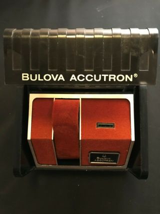 Bulova Accutron Watch Box Vintage Black Plastic With Silver Writing Orange Inter