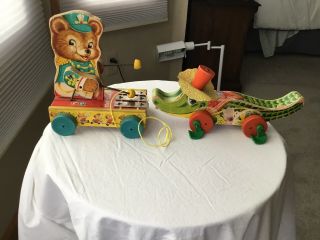Vintage Antique Fisher Price Allie Gator & Tiny Teddy Wood Pull Toys