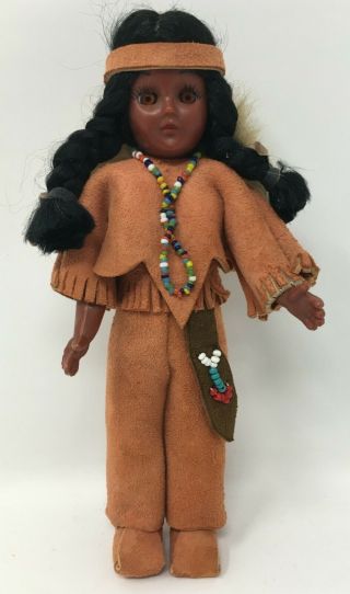 Vintage Native American Indian Hard Plastic Doll Suede Clothing 7 1/4” Long