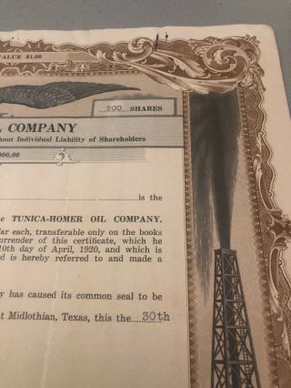 1925 Antique Tunica Homer Oil Company Midlothian Texas Stock Certificate 3